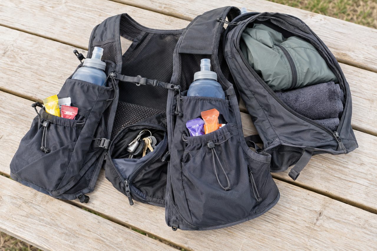 An open charcoal running vest with water flasks, energy gels, keys, a folded jacket and a towel tucked into its pockets.