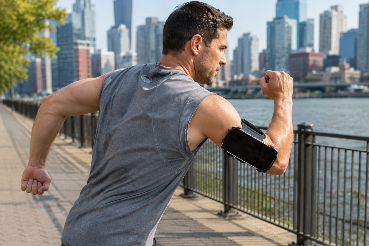 A man in a gray sleeveless top runs beside a river with a phone held sideways in a black open holder on his upper arm.