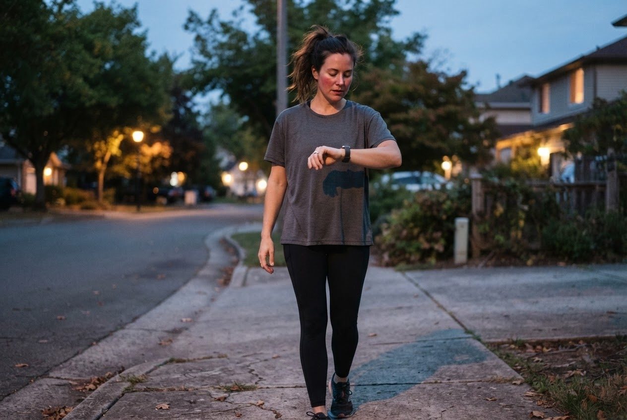 A beginner runner in her thirties stands on a suburban sidewalk at dusk, looking down at a plain analog wristwatch on her left wrist while her right hand rests naturally at her sid