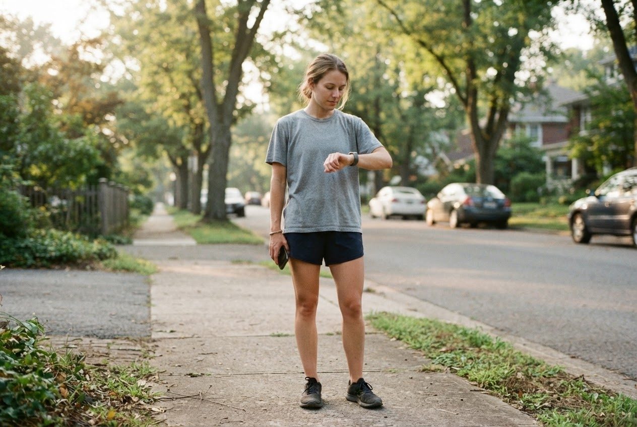 An ordinary beginner runner stands on a quiet suburban sidewalk in early morning light, pausing before a jog