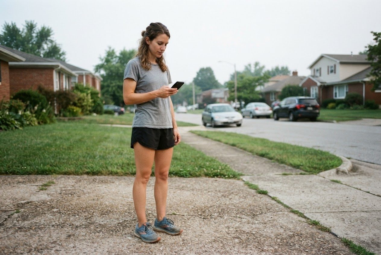 An ordinary beginner runner stands on a driveway before an early morning run, phone held loosely in one bare hand as they glance at the screen to check the time