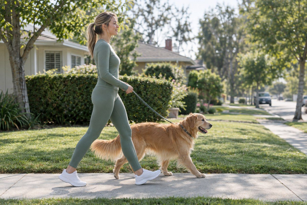 A woman in sage-green activewear and white sneakers walks a golden retriever on a leash along a sunny suburban sidewalk.