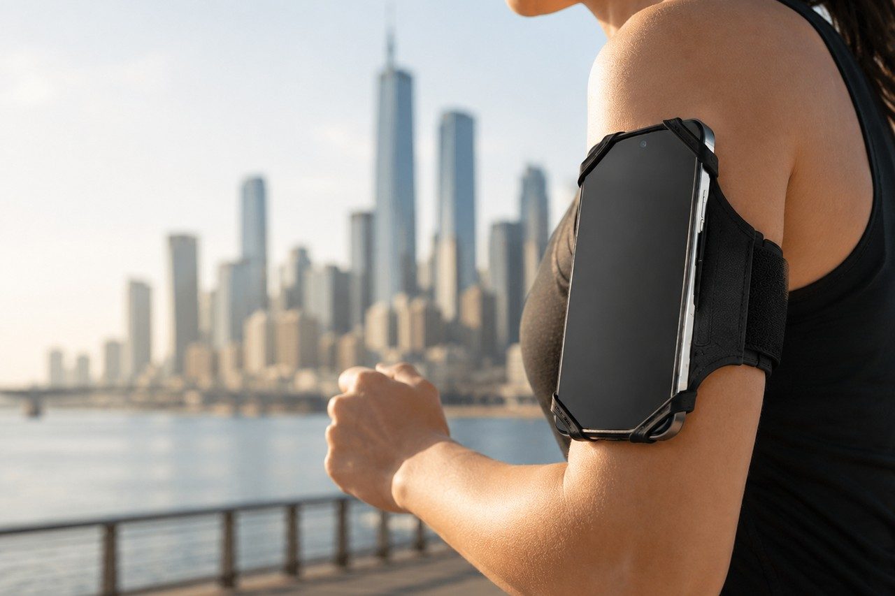 A woman in a black sleeveless top jogs along a waterfront path with a phone held in a black open holder on her upper arm.