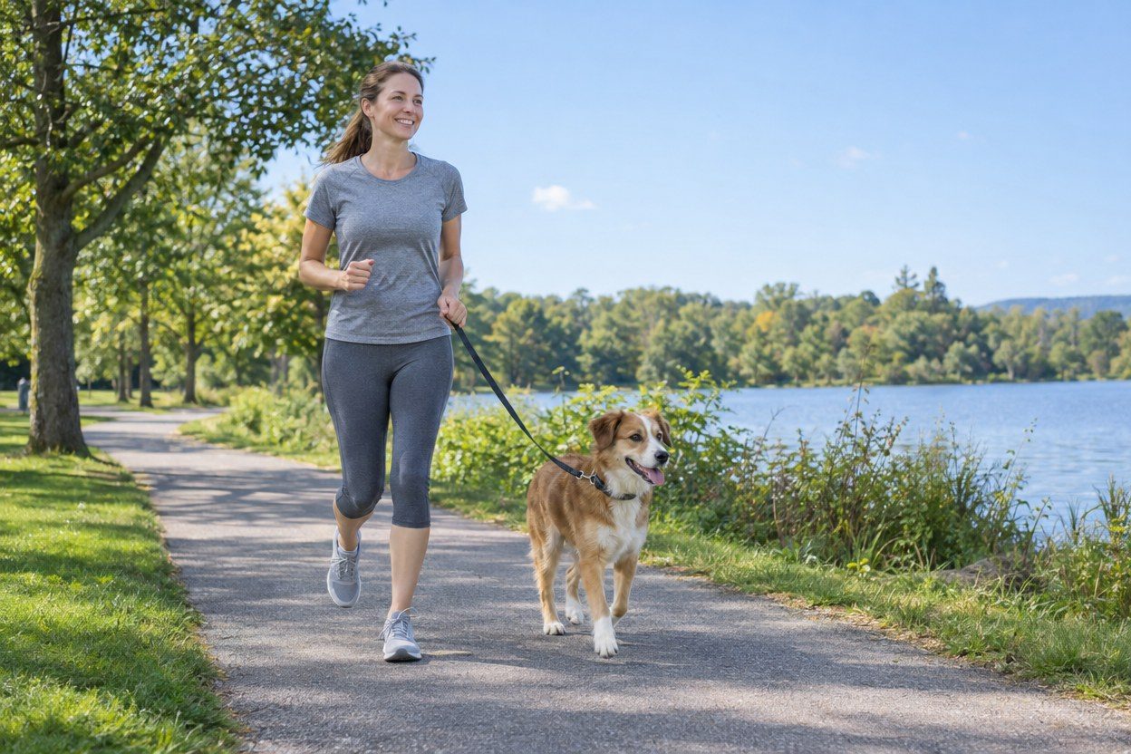 A smiling woman in a gray T-shirt and gray capri leggings jogs with a brown-and-white dog on a leash along a lakeside path.