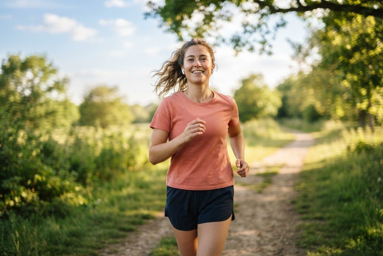 Close portrait of a young woman running with small wireless earbuds in, calm and absorbed, warm low evening sun through trees