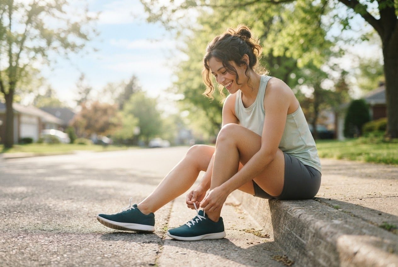 A runner tying a shoelace on a sunny kerb, cheerful and ready
