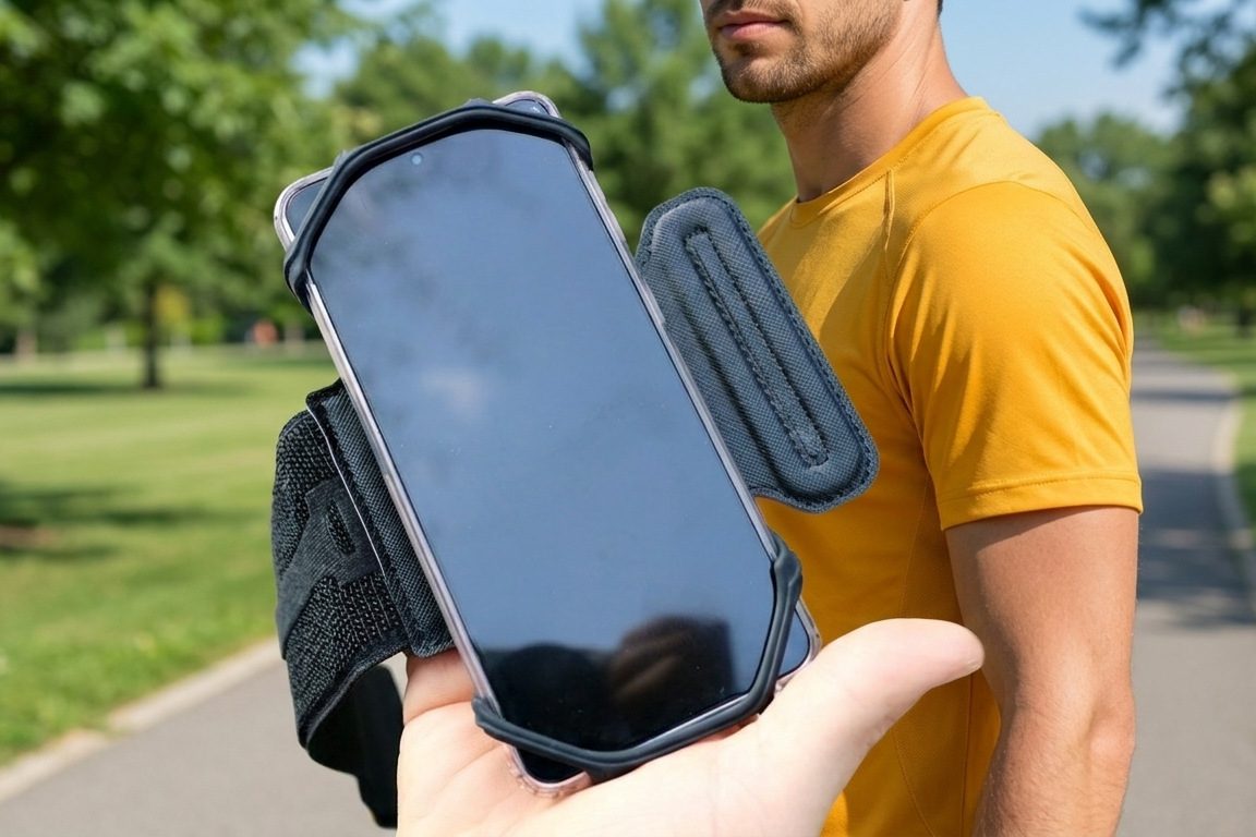 A hand holds out a black phone armband with a phone in its open holder toward a man in a mustard-yellow T-shirt on a sunny park path.