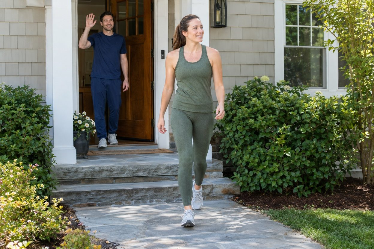A woman in sage activewear walks down a sunny front path while a man in navy stands in the doorway and waves.