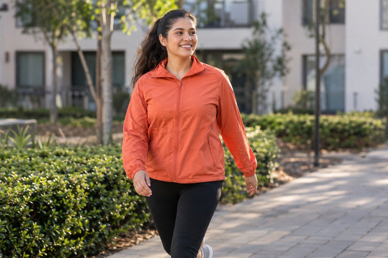 A woman in her thirties taking a relaxed morning walk on a bright apartment courtyard path, coral windbreaker over black leggings, soft early morning light, candid three-quarter vi