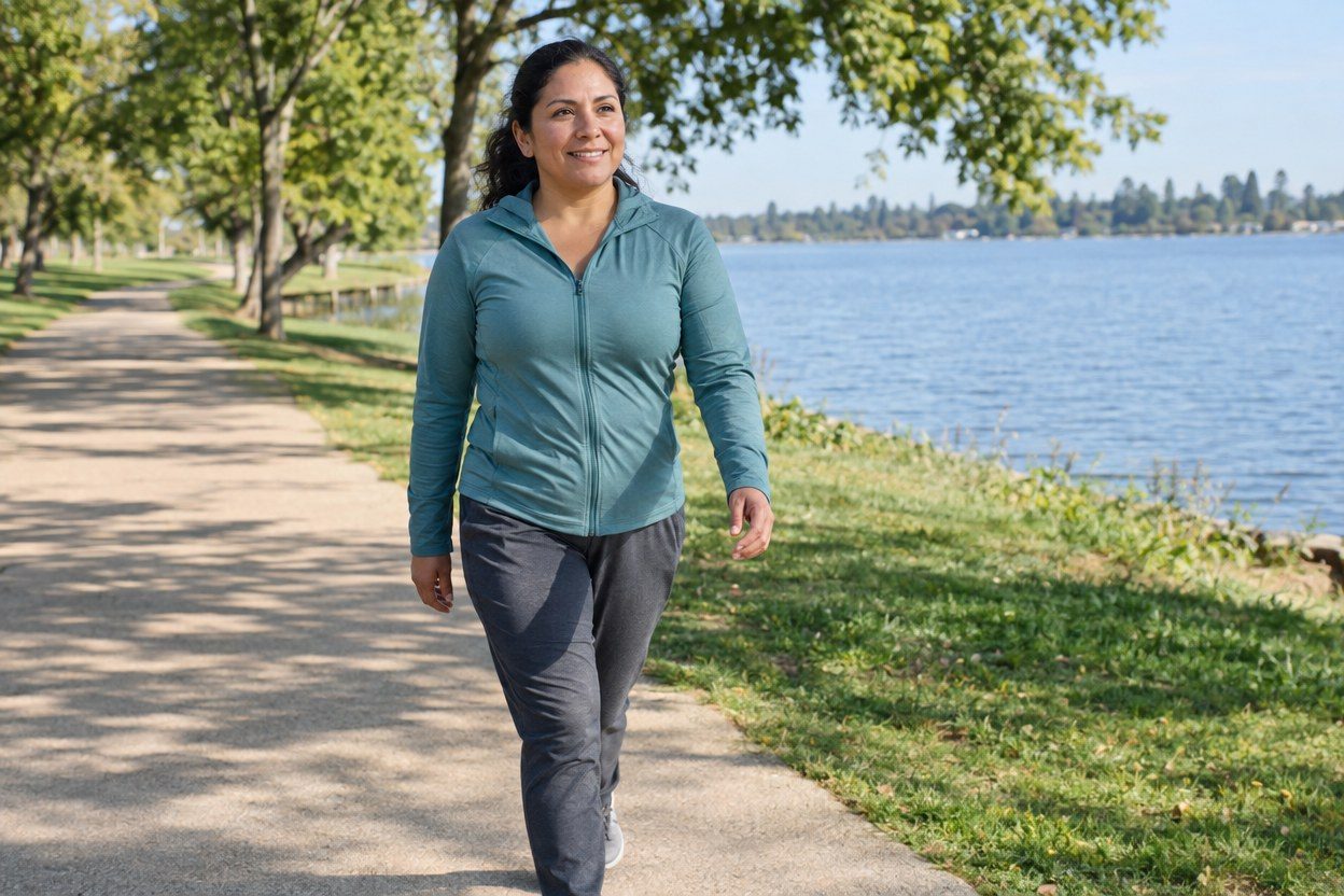 A person in a teal jacket walking on a sunny lakeside path.