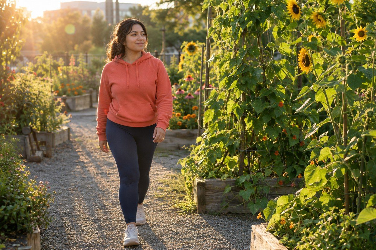 A person in a coral jacket walking beside flowers.
