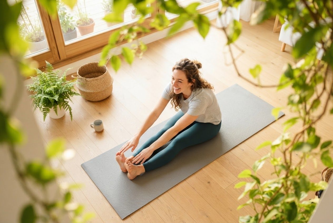 Top-down view of a person sitting on a wooden floor doing a slow seated stretch on a mat, soft indoor daylight from a window