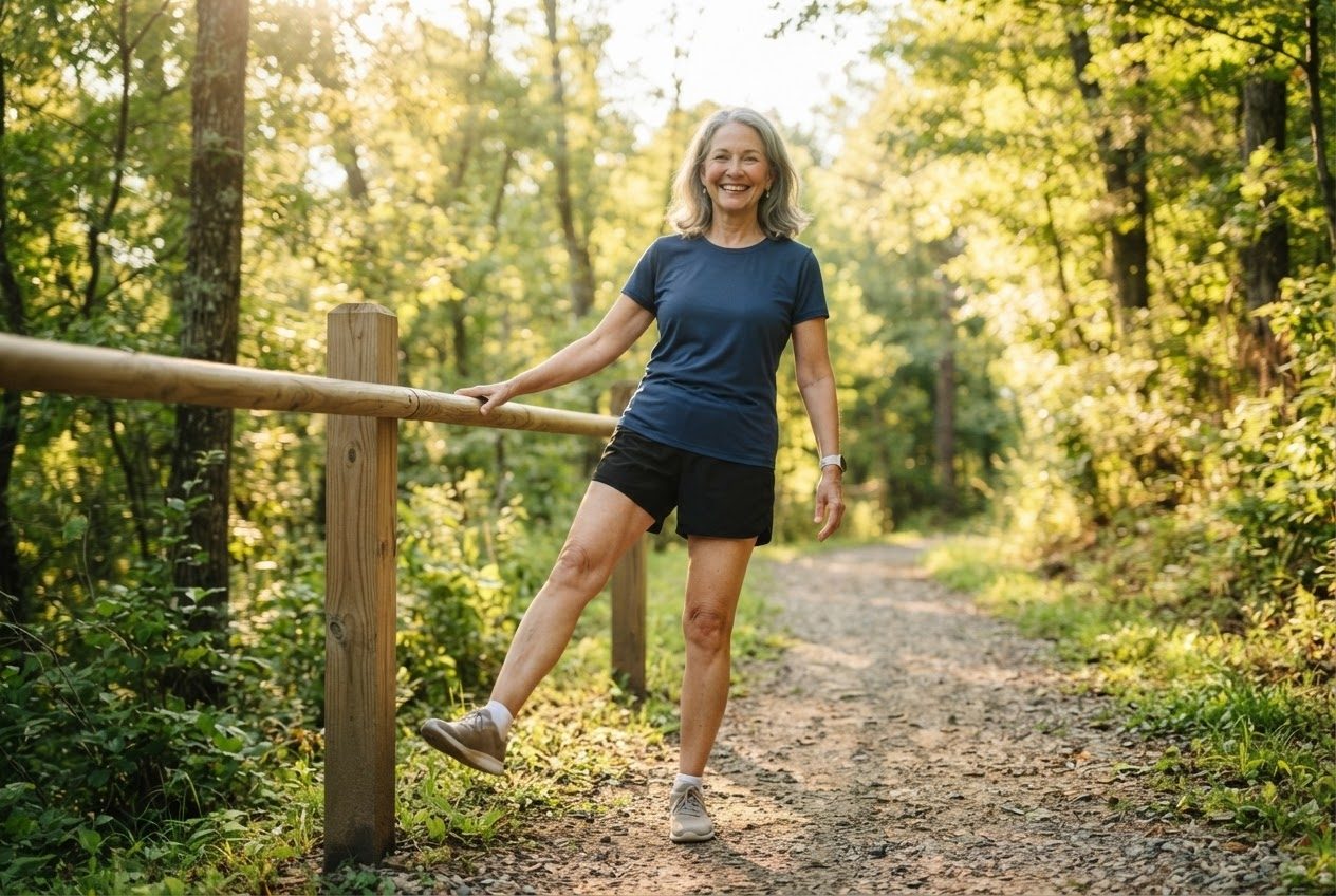 A runner swinging one leg loosely to warm up beside a sunny railing