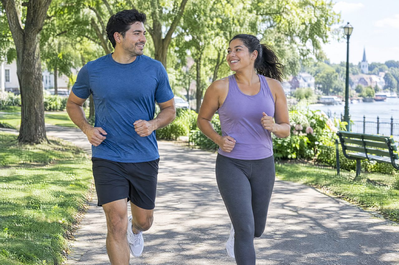 Two adult friends jogging side by side on a sunlit tree-lined park path in a small American town, empty-handed, mid-morning
