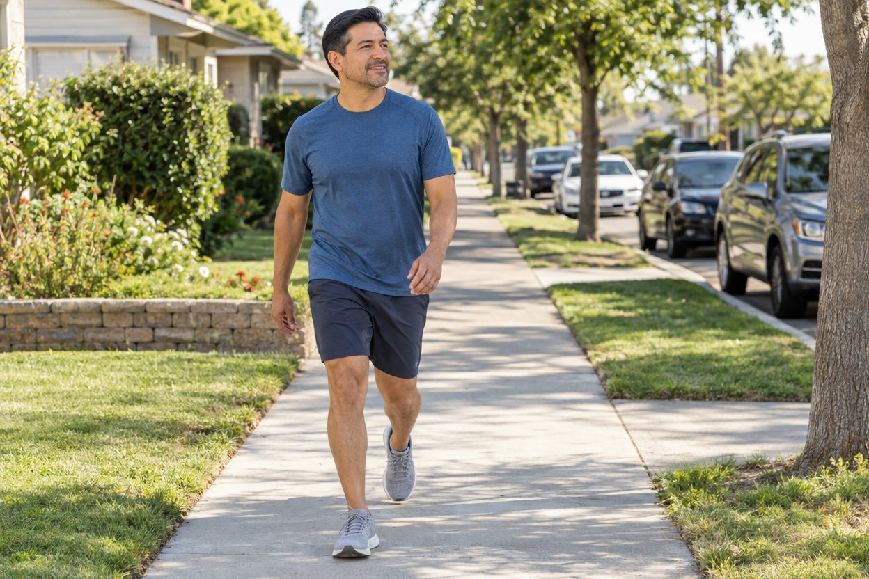 A man in his forties walking briskly along a sunny suburban street with wide sidewalks and parked cars, empty-handed, early afternoon