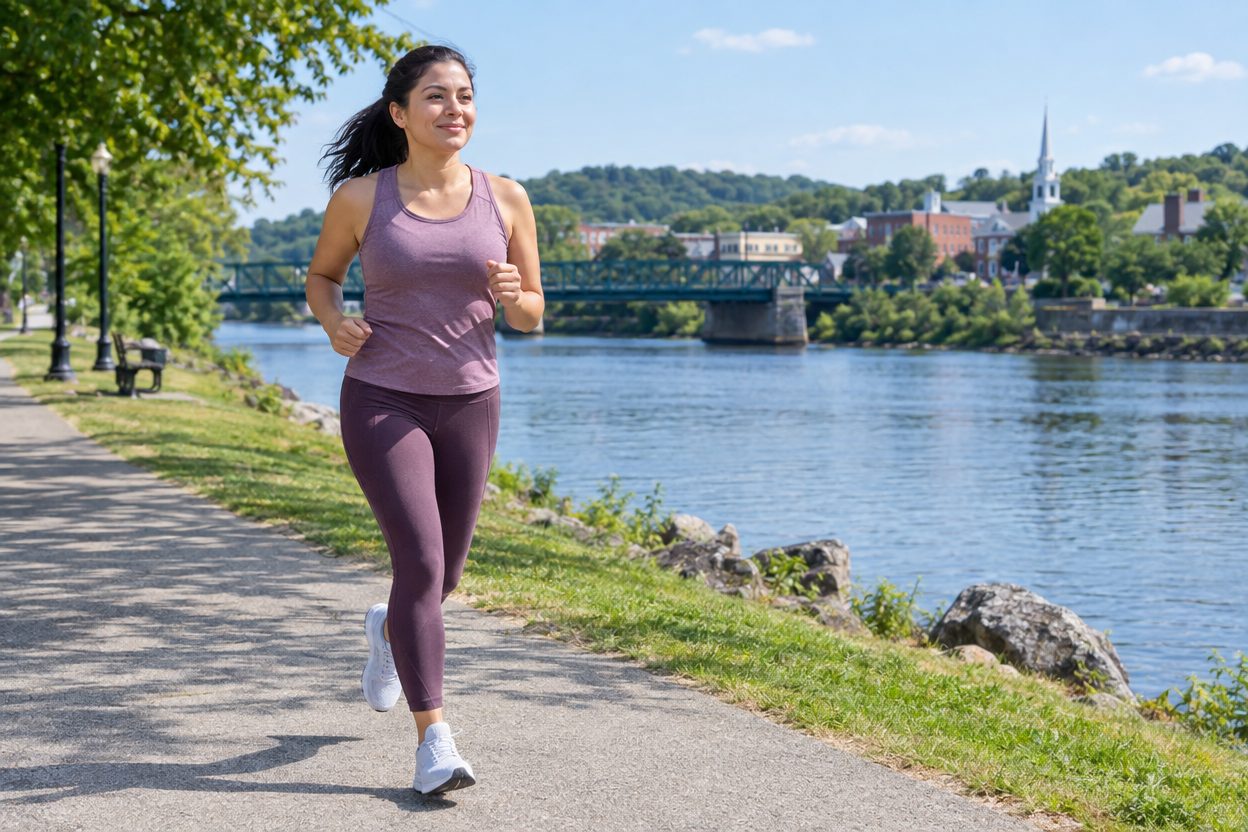 A woman in her thirties jogging alone at a relaxed pace along a sunny riverside path in a small American town, empty-handed, late morning