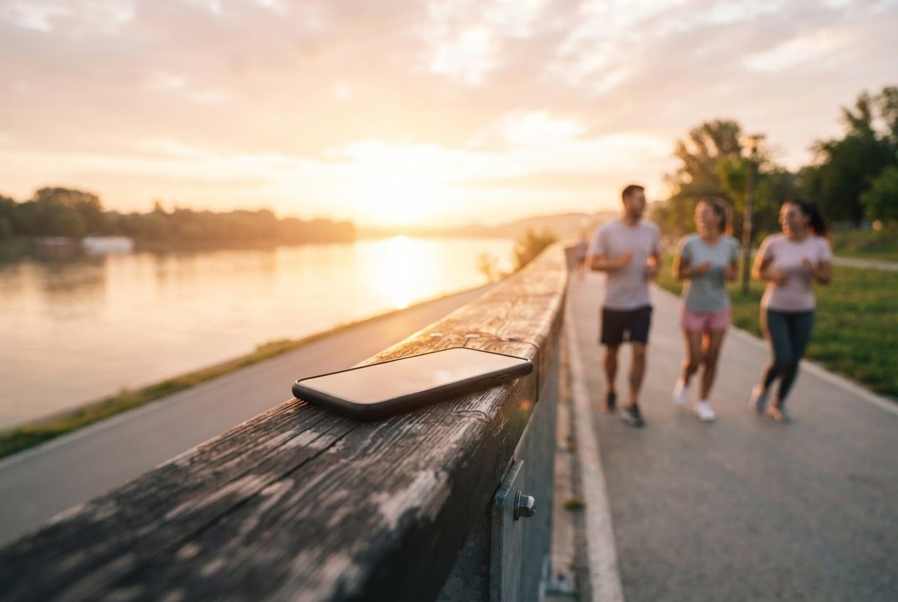 A smartphone resting on a riverside railing overlooking a running path at sunrise, screen dark, warm low light