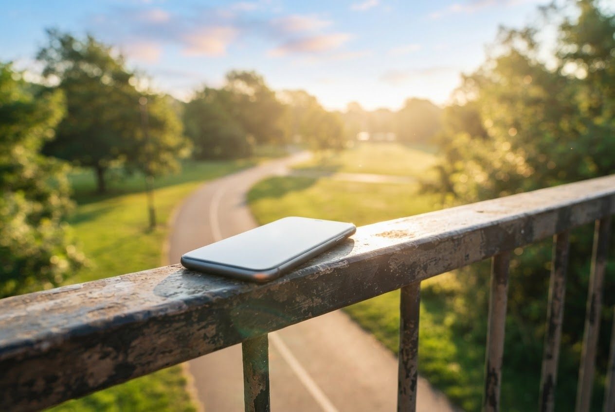 A smartphone resting on a sunny railing overlooking a bright running path