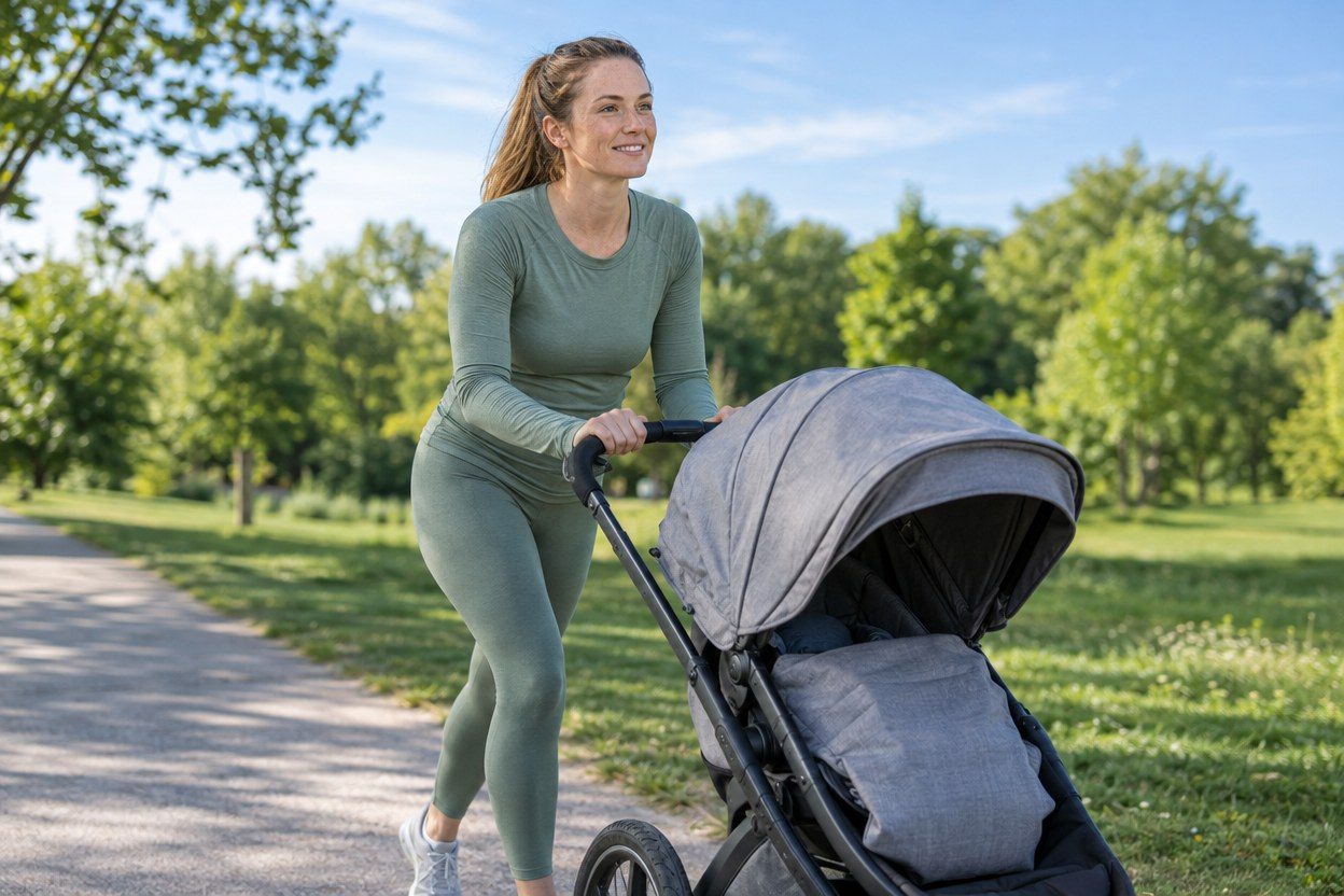 A smiling woman in a sage long-sleeve top and leggings pushes a gray stroller with both hands along a sunny park path.