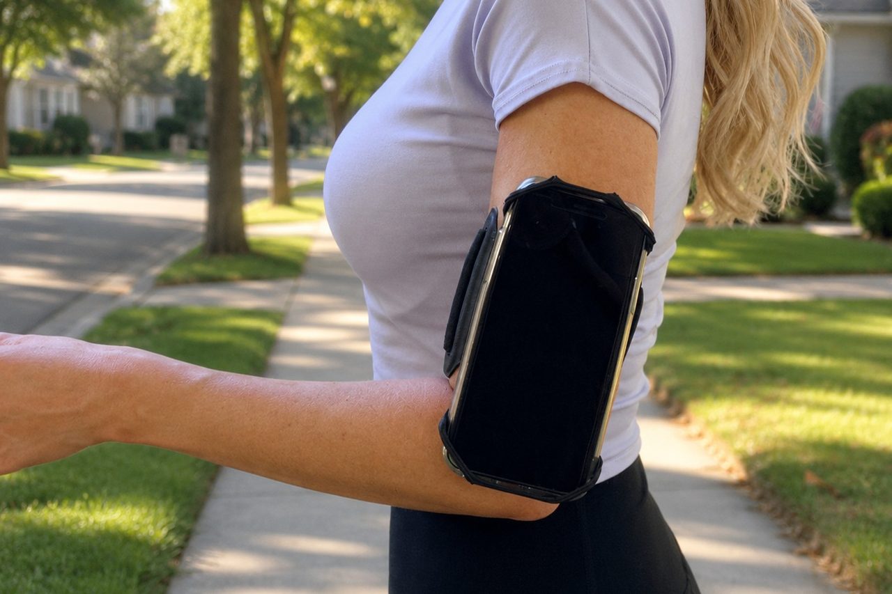 A black band on an upper arm holds a phone in an open corner holder, worn with a lavender T-shirt on a sunny suburban sidewalk.