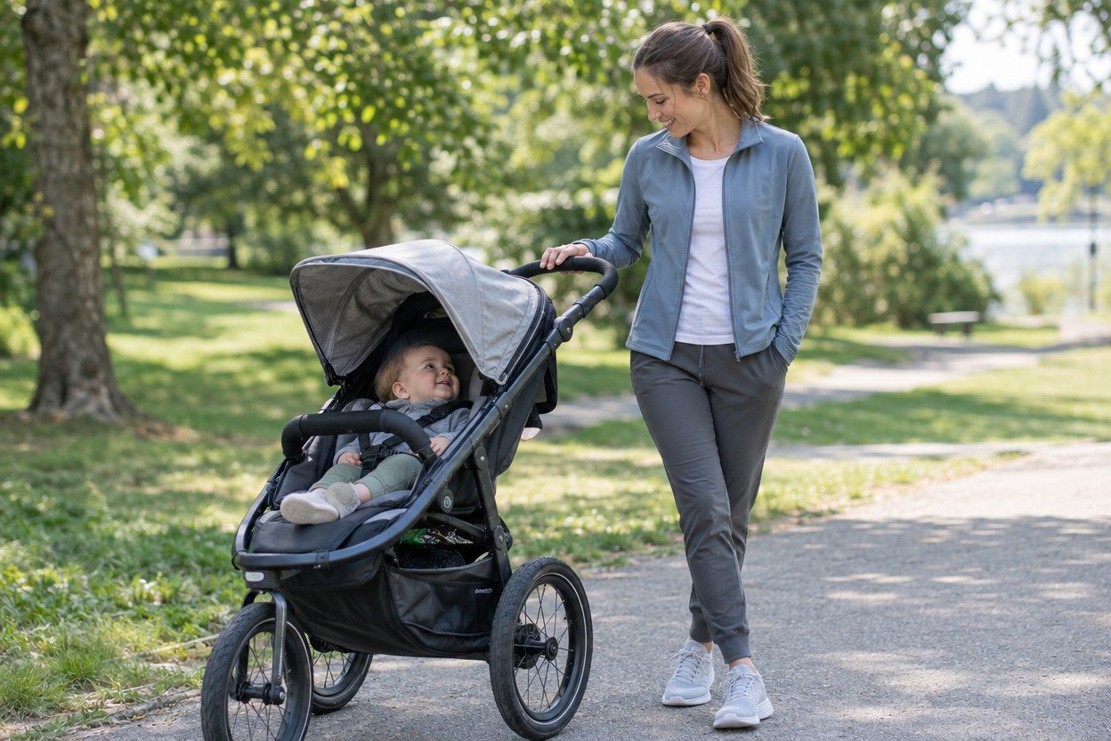 A smiling woman in a blue-gray zip jacket walks beside a jogging stroller with one hand on it, looking down at a smiling baby on a park path.