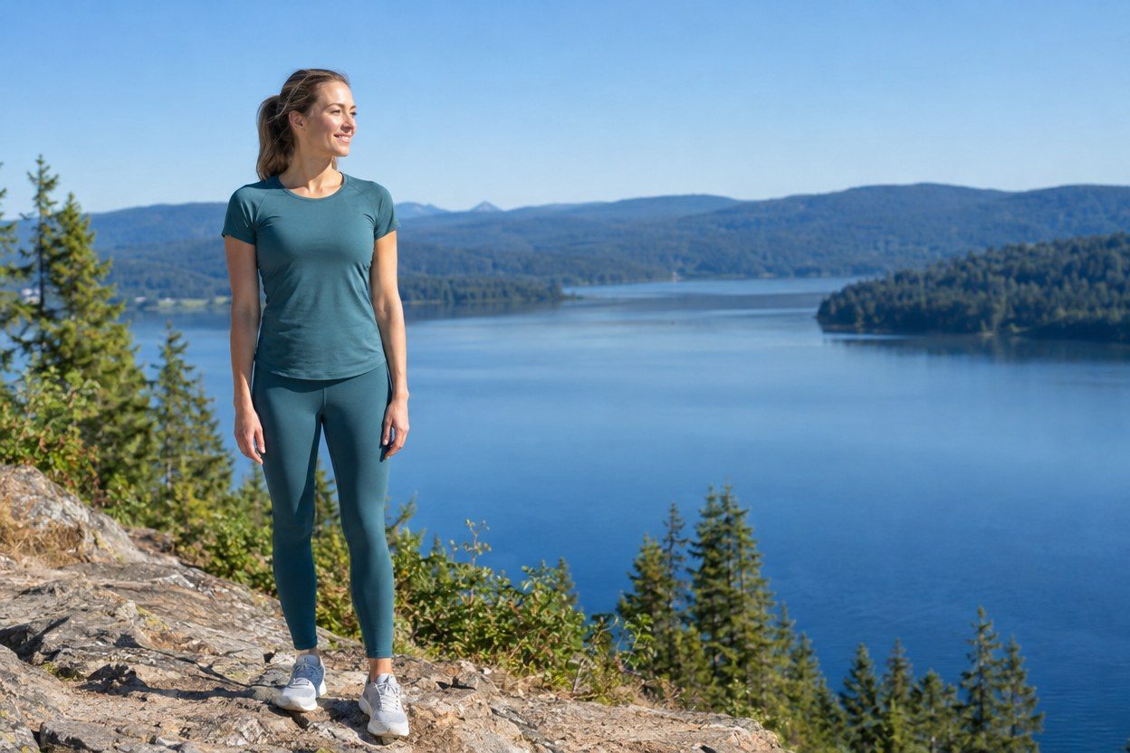 A smiling woman in a teal T-shirt and teal leggings stands on a rocky lookout above a blue lake and pine trees.