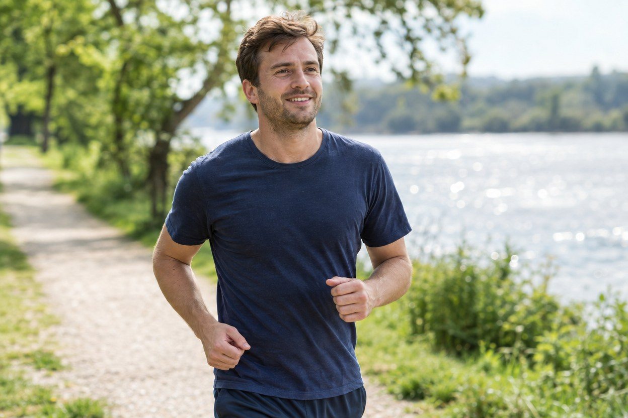A smiling man in a navy T-shirt jogs along a gravel path beside a sparkling lake.