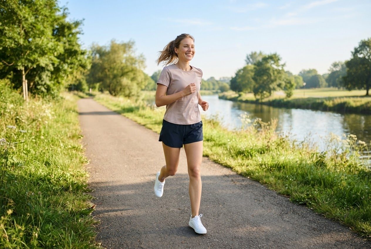 A young woman running easily along a sunny riverside path, smiling to herself, bright morning light and open sky ahead