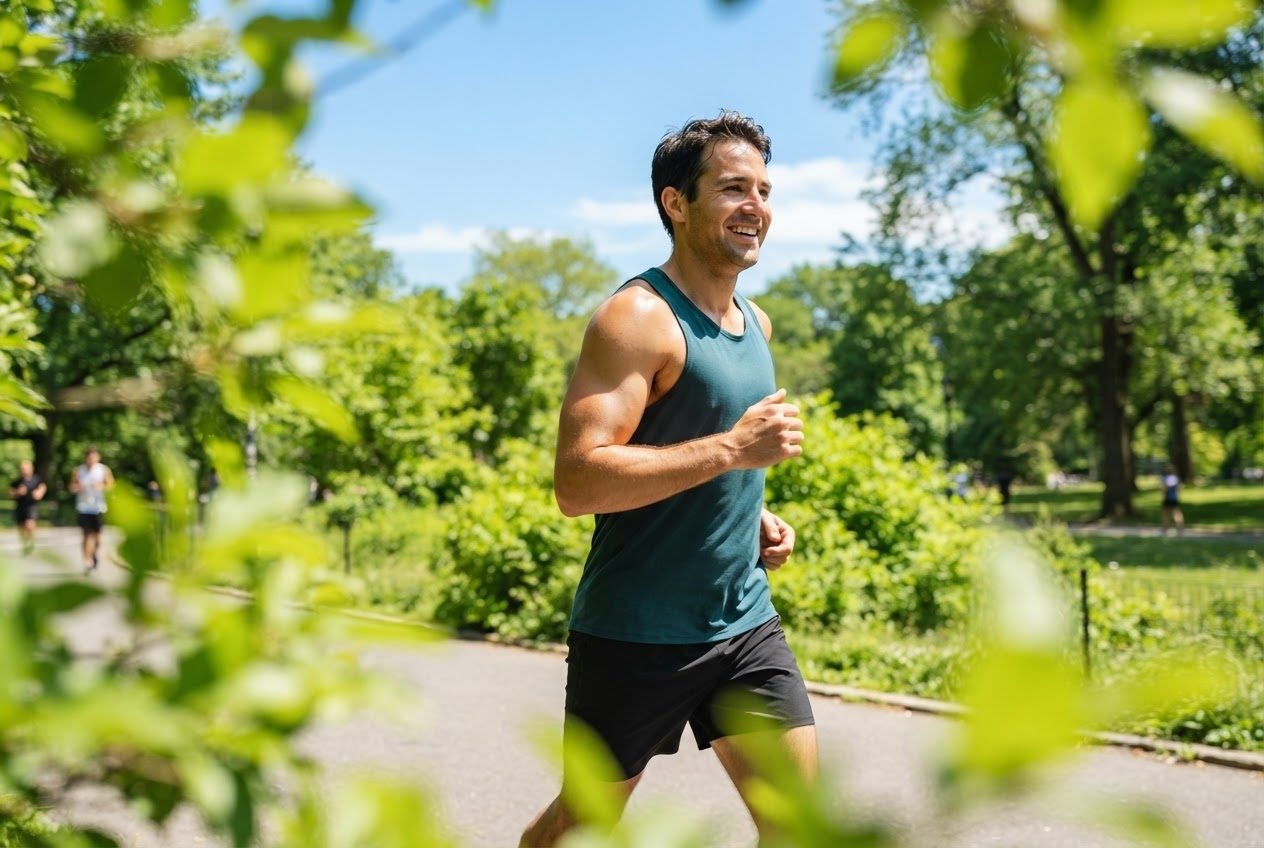 A bare upper arm and shoulder of a runner mid-stride in bright sunlight, nothing worn on the arm