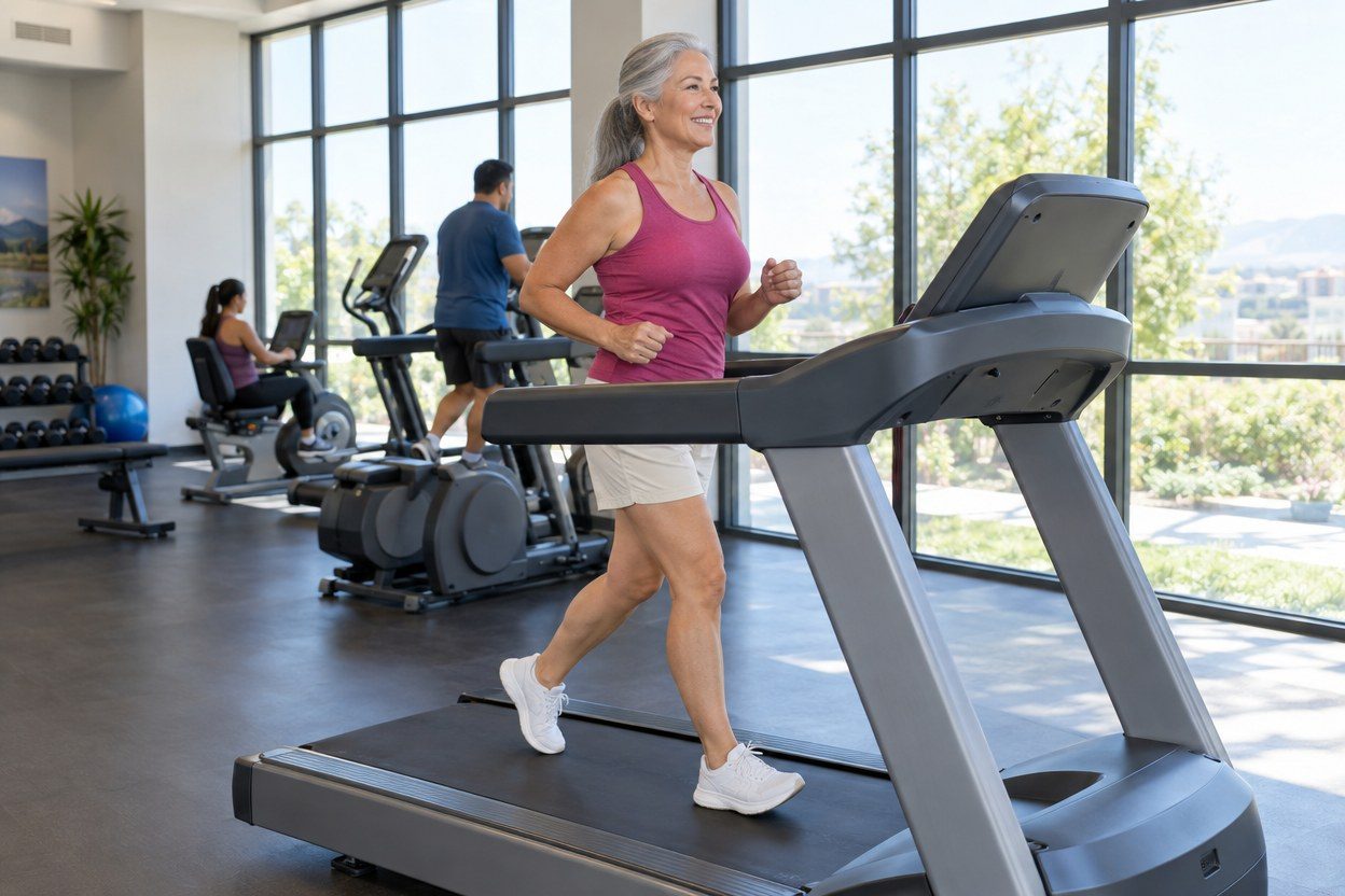 Three-quarter side wide photo of a smiling silver-haired adult woman in a raspberry top and cream shorts doing an easy jog on one treadmill in a spacious sunlit American community 