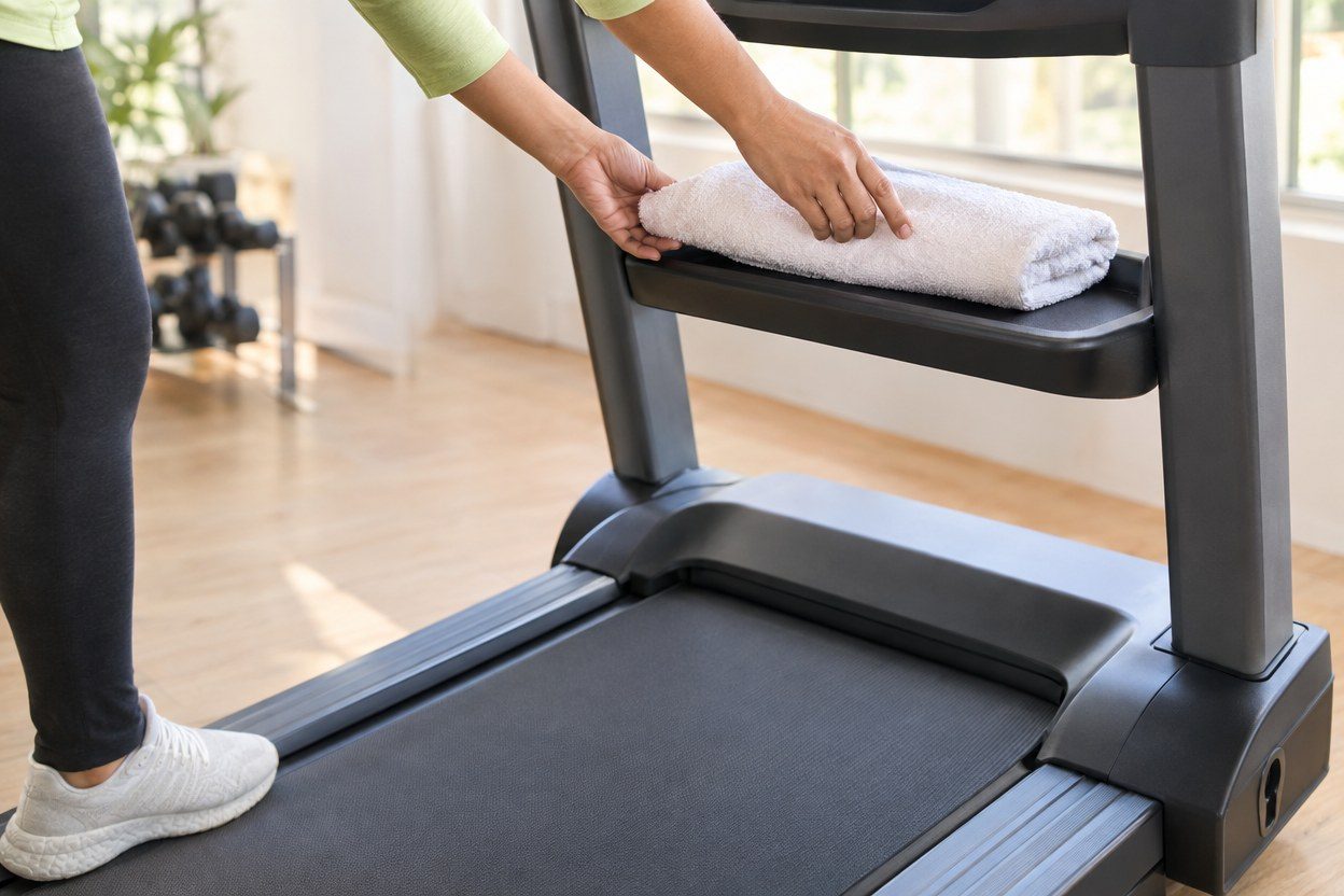 Close crop of hands placing a plain folded towel on the stationary treadmill accessory shelf before use; lime sleeve, running deck clearly empty and stopped, bright window light an