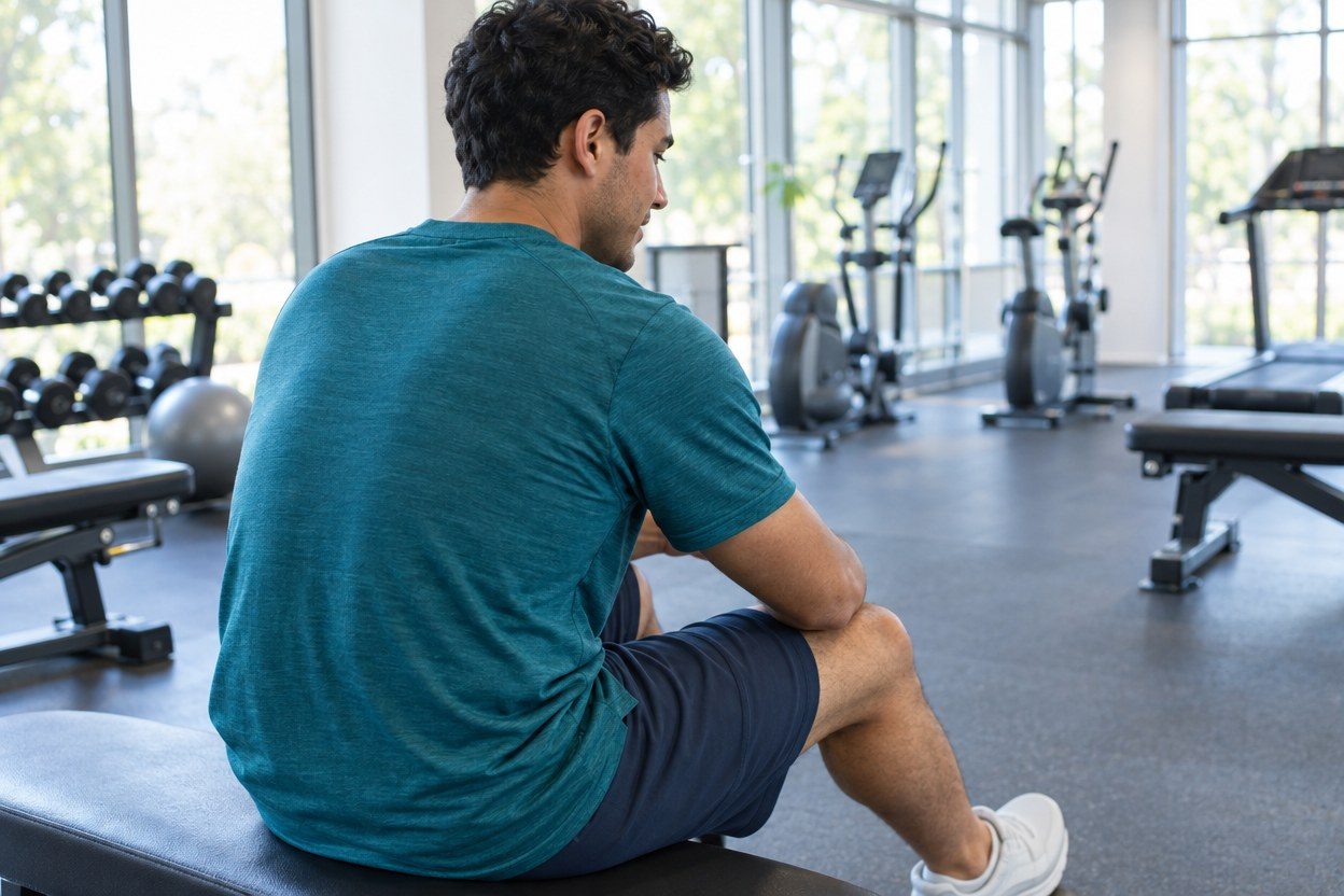 Rear-side seated upper-body portrait of an adult man with short curls in a vivid teal shirt taking a relaxed break on a bench away from the treadmills, bright gym windows and intac