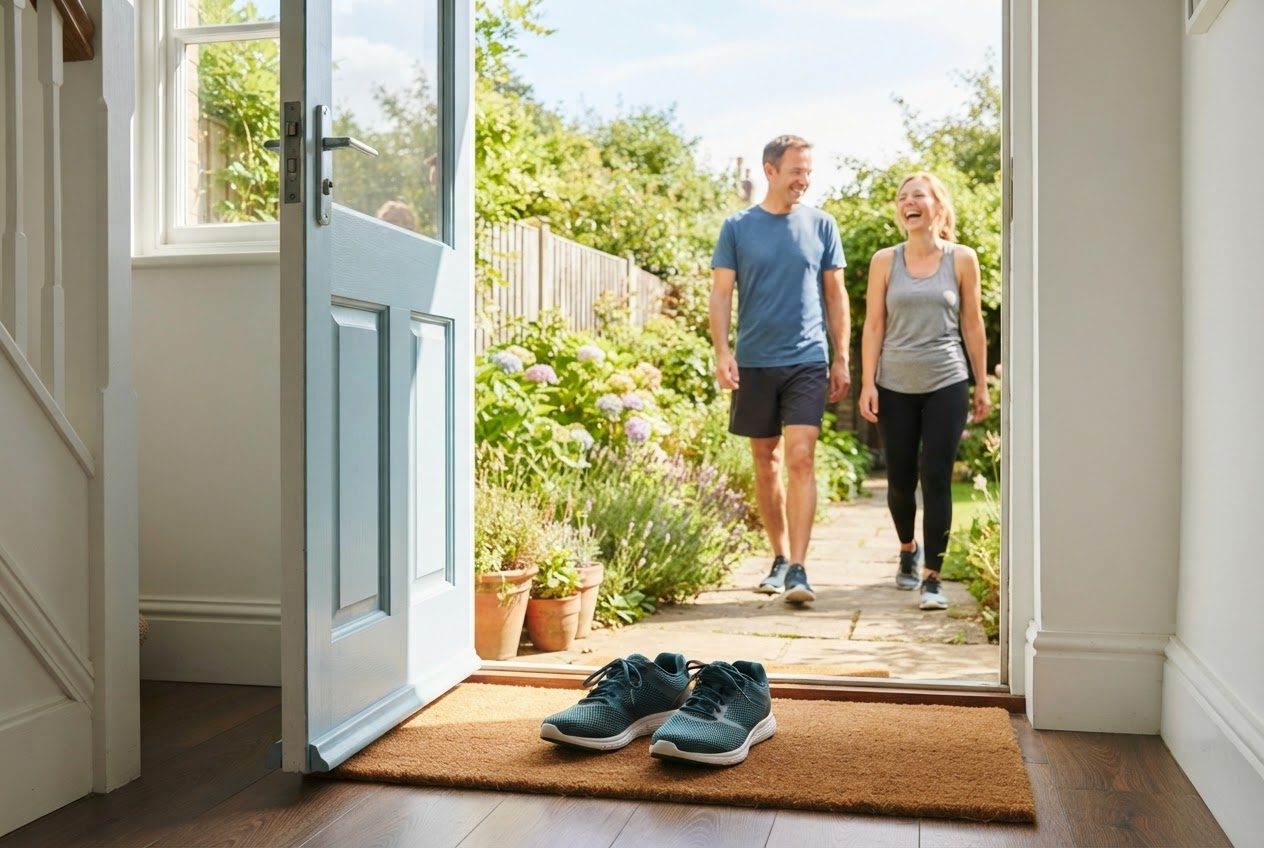 A clean pair of running shoes sitting neatly by an open front door with bright sunlight and a green garden beyond, fresh and inviting