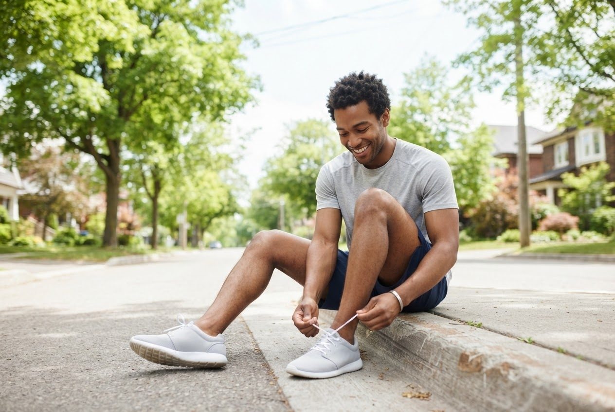 A runner tying a shoelace on a sunny kerb, cheerful and ready