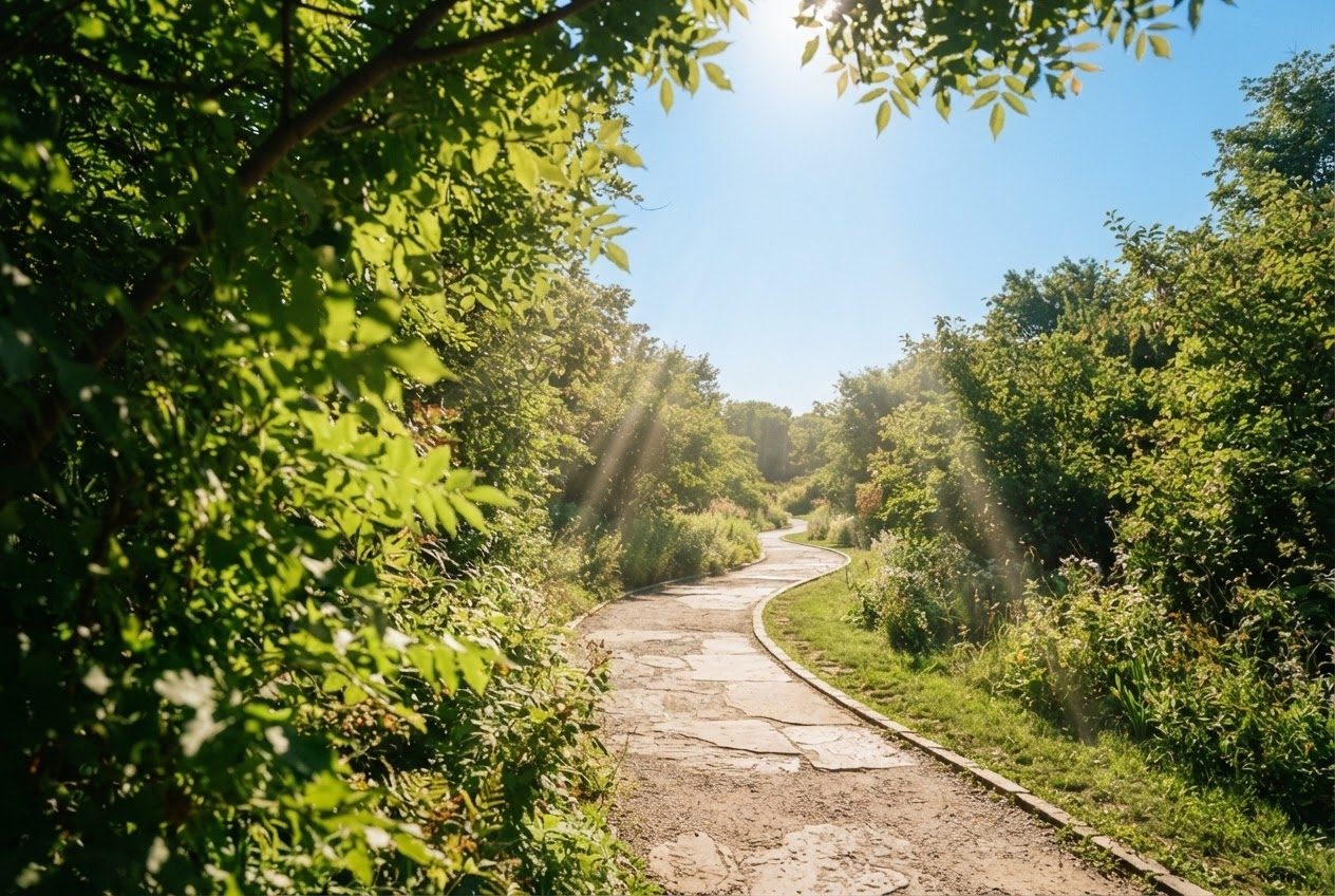 A bright empty path curving away with morning sunlight across it