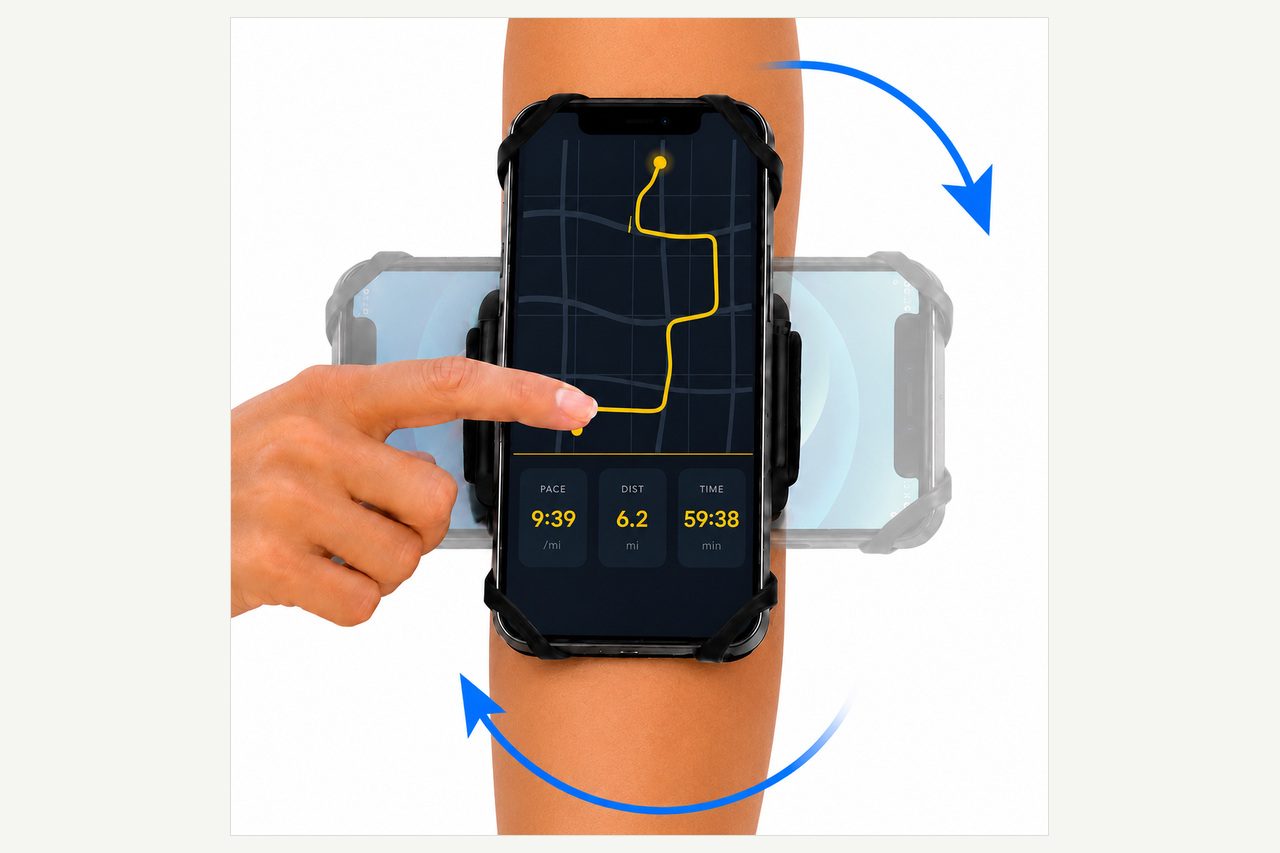 A phone with a route map on a bare arm, shown in portrait and translucent landscape orientations with blue rotation arrows.