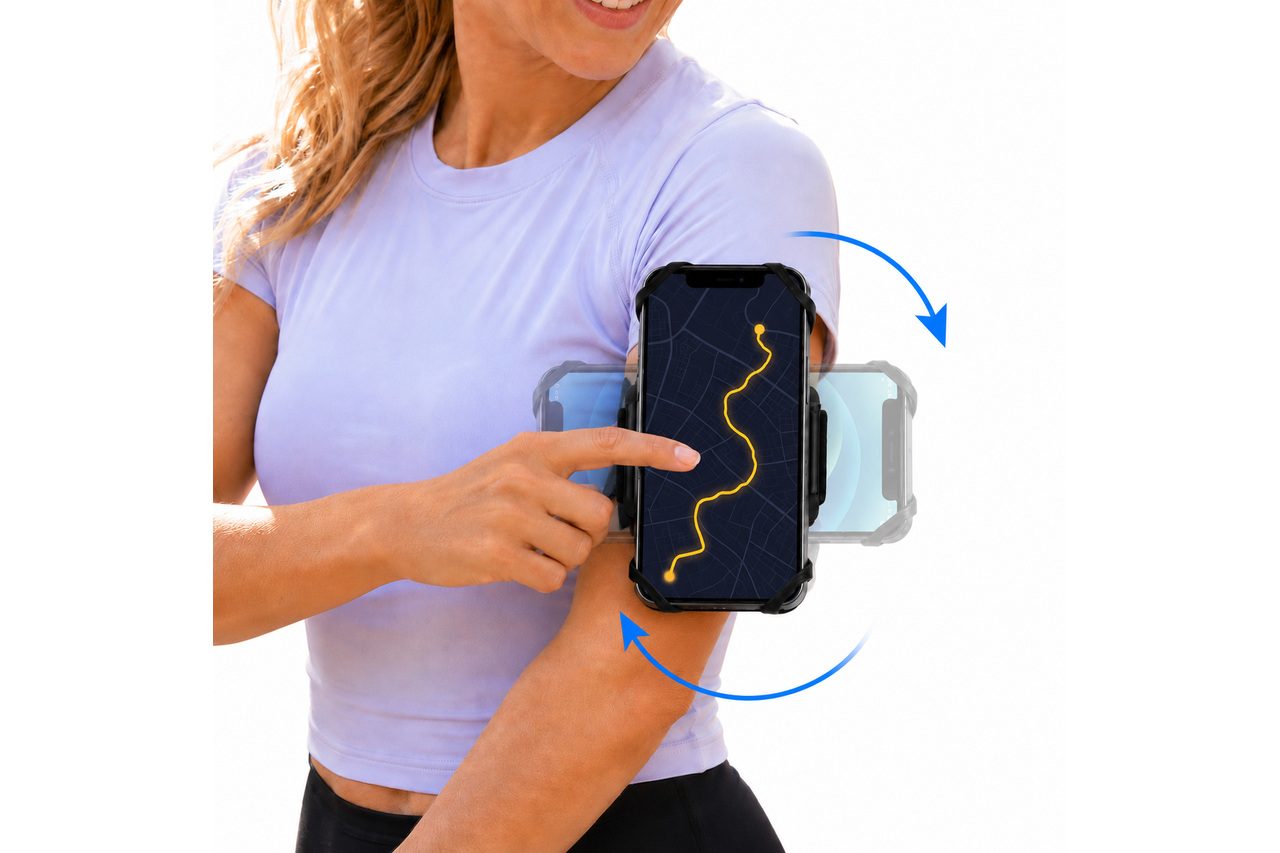 A woman in a lavender shirt touches a mounted phone, with a translucent landscape orientation and blue rotation arrows.
