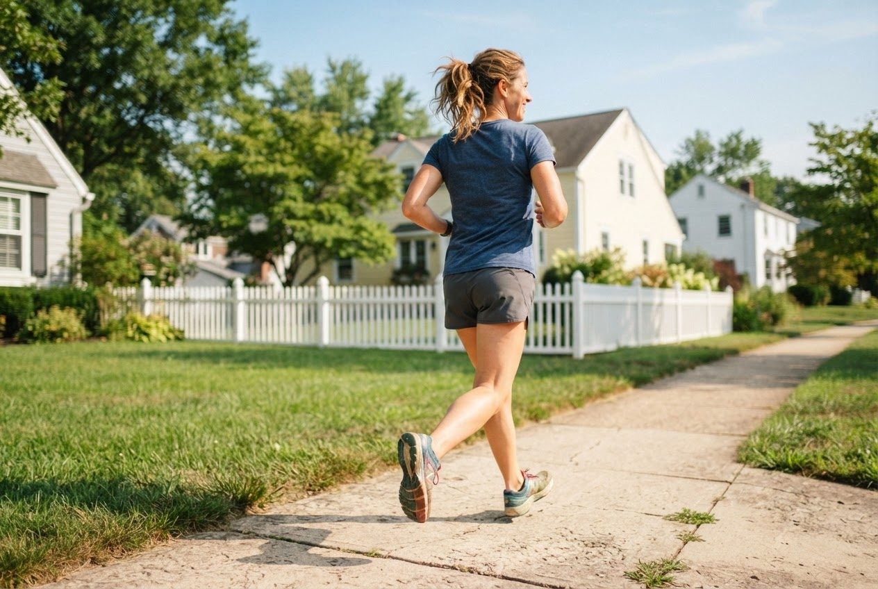 Tight close view of a runner's bare upper arm and shoulder mid-stride from behind, skin and muscle in warm morning light, nothing worn on the arm