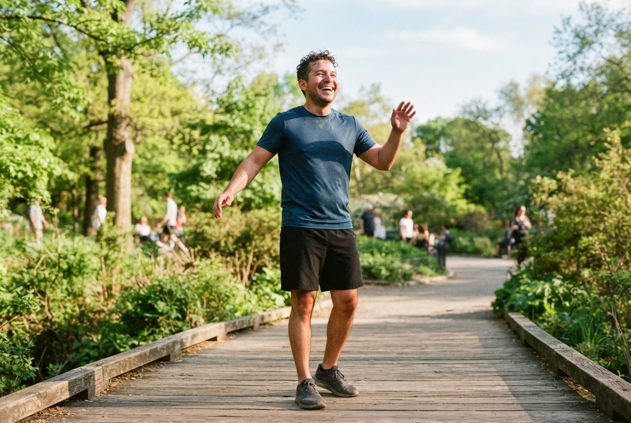 A runner shaking out both arms happily at the end of a run in a green sunlit park