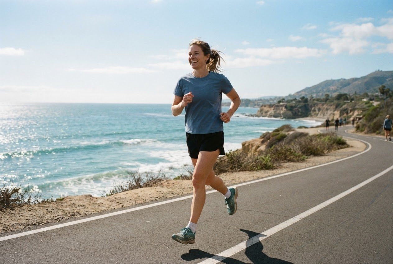 A wide sunny view of a coastal running path beside sparkling water, bright and welcoming, a runner small in the distance