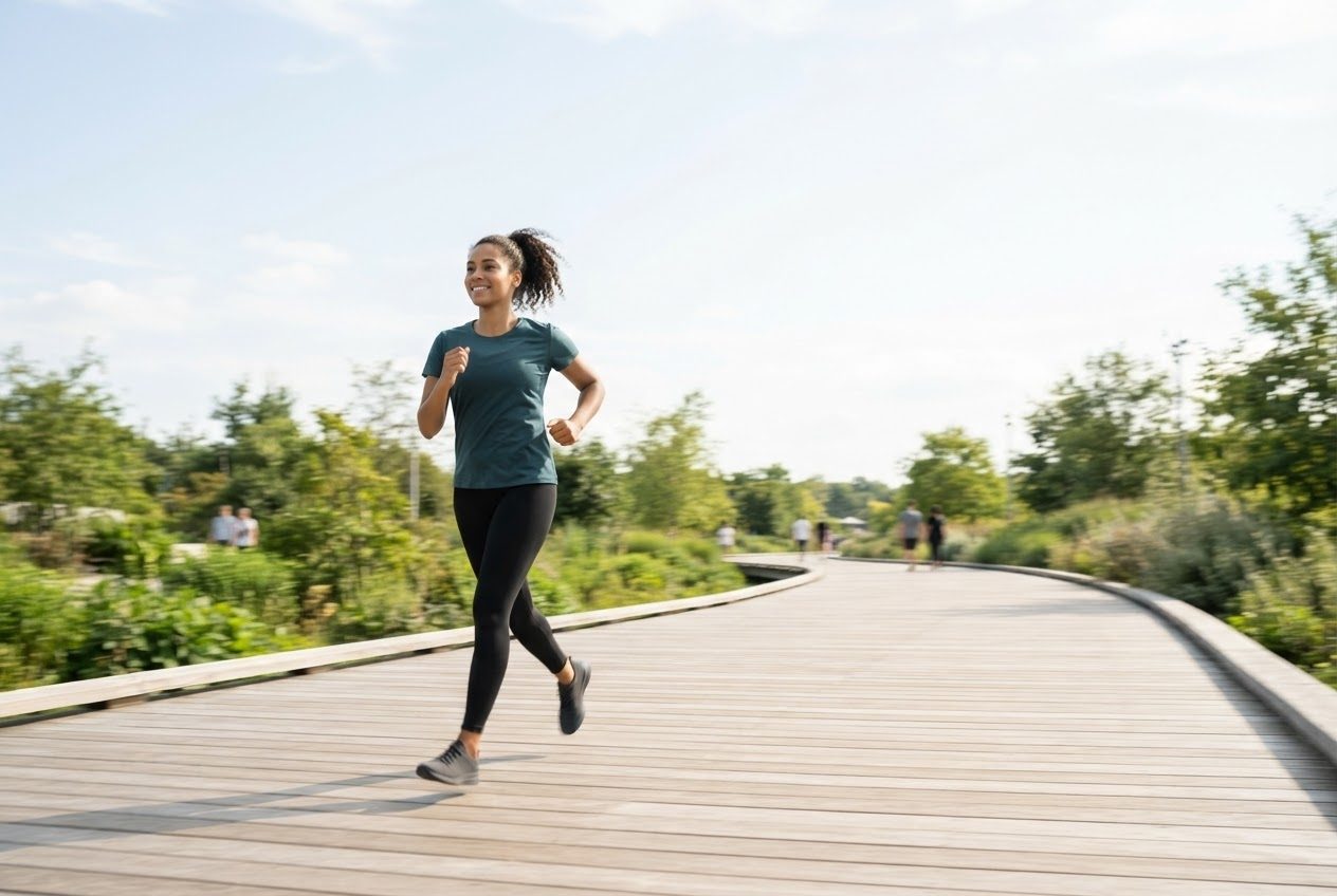 A runner's upper body held steady and level while the legs and background blur with motion