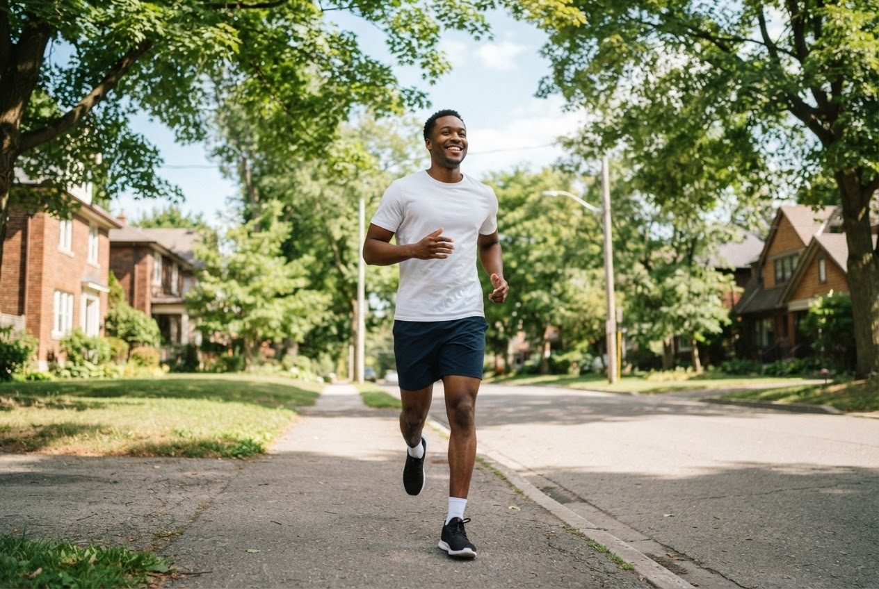 Two empty open hands at a runner's sides, relaxed and carrying nothing at all