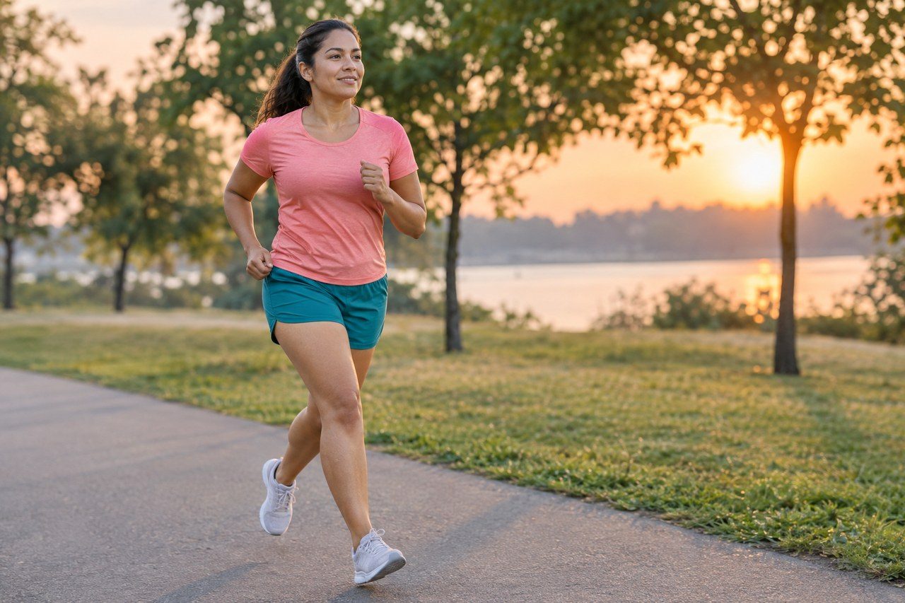 A runner in a pink shirt and teal shorts jogging beside the water.