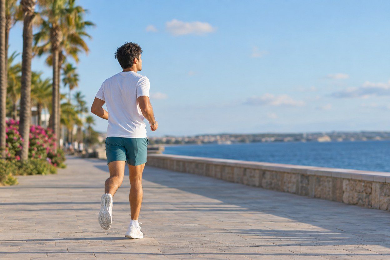 A young adult man jogging along a sunny waterfront path with tall grasses, white performance shirt and teal shorts, open blue sky, three-quarter rear view, light relaxed movement