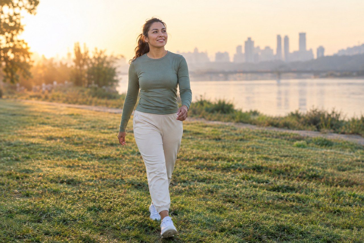 A person in a green top and light trousers walking beside a lake.