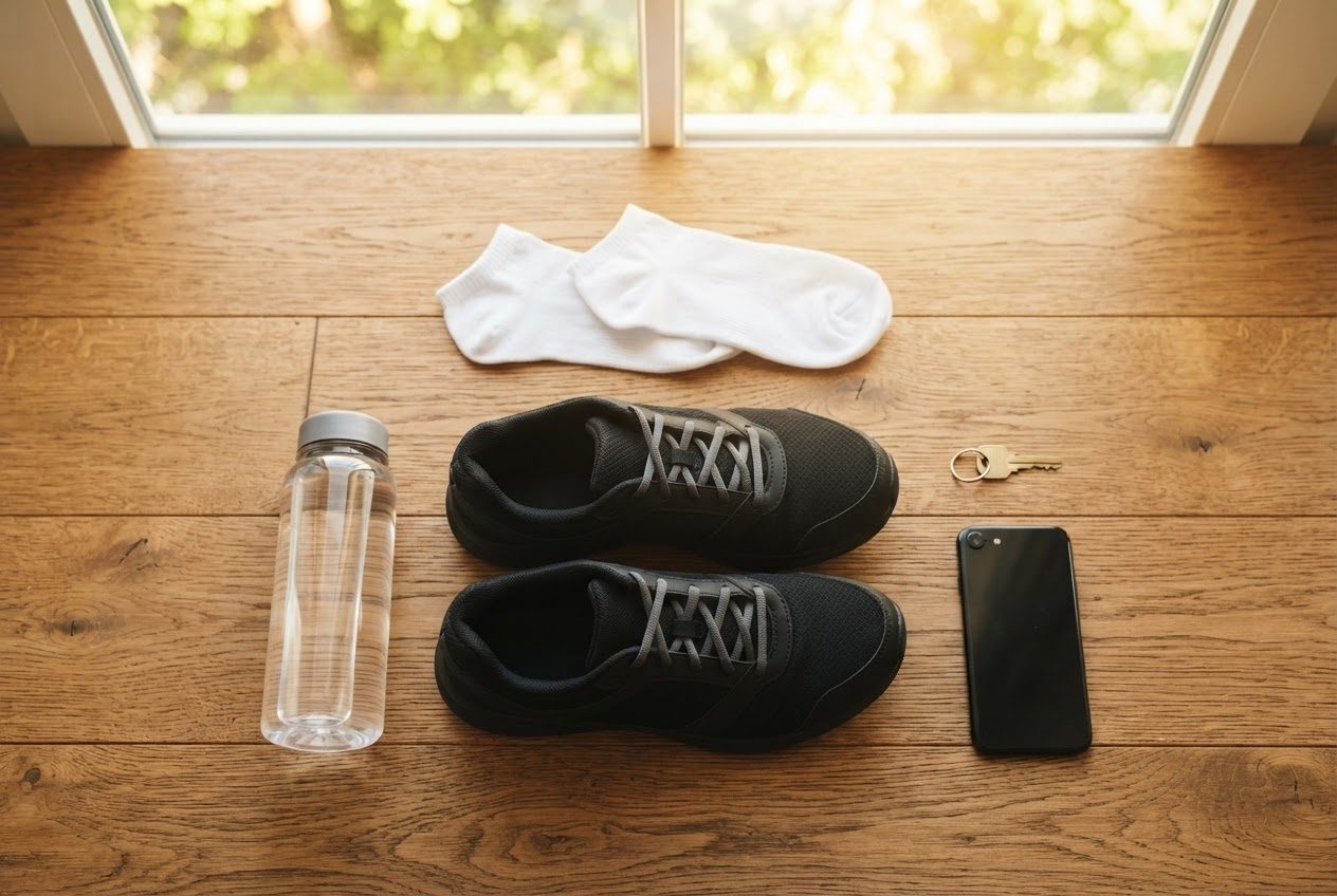 A neat flat lay on a wooden floor of running shoes, socks, a water bottle, a house key and a smartphone, soft daylight, nothing branded