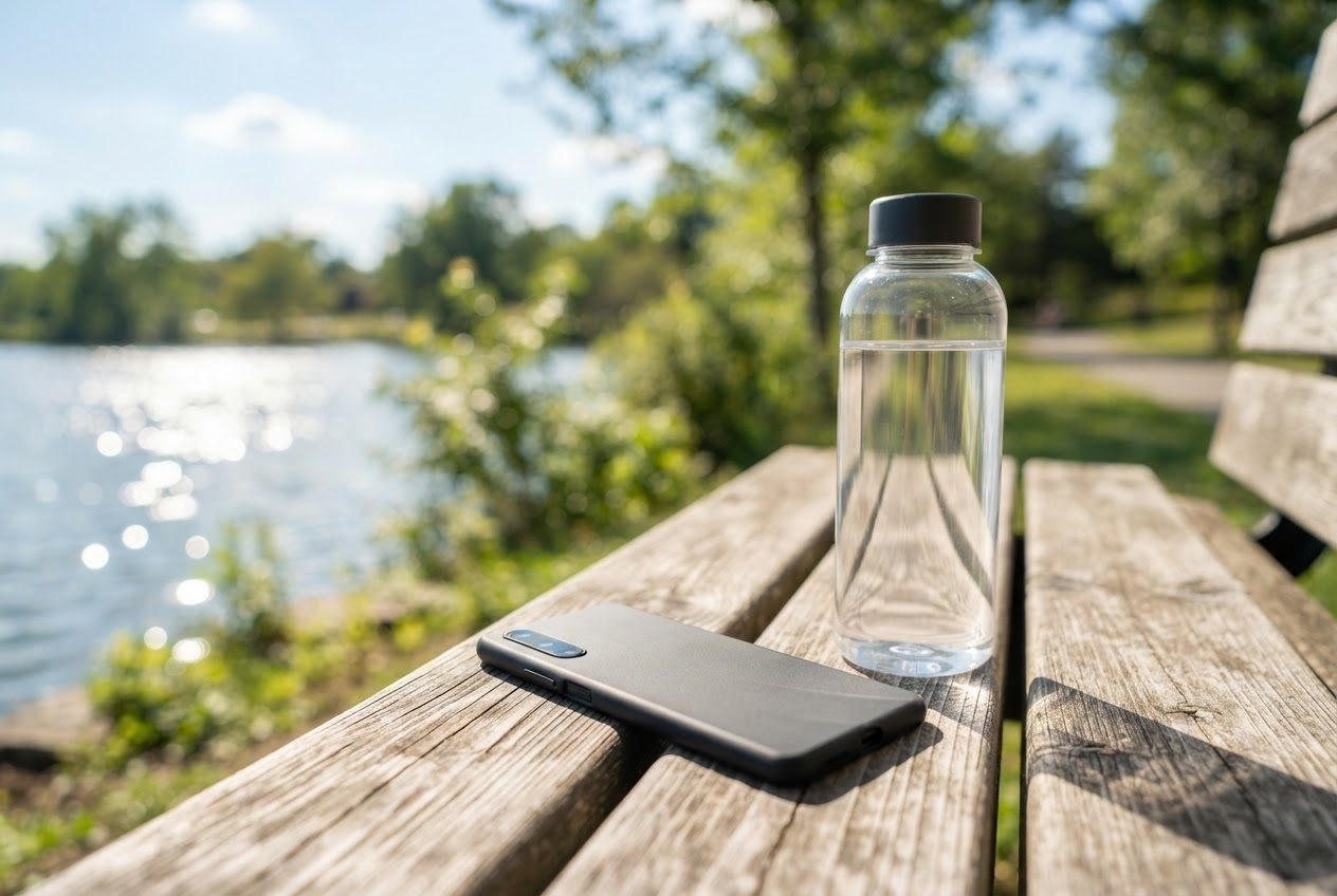 A smartphone lying face down on a sunny bench beside a water bottle, bright clean light