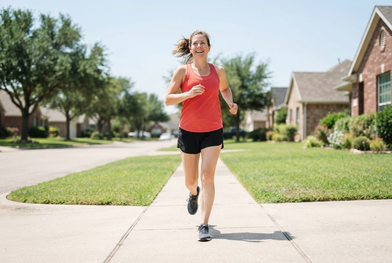 A hand gripping a phone mid-run with the arm swing visibly restricted, the runner glancing at it awkwardly