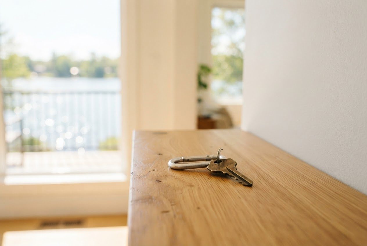 A house key on a small carabiner resting on a bright hallway shelf, sunlight across the wood