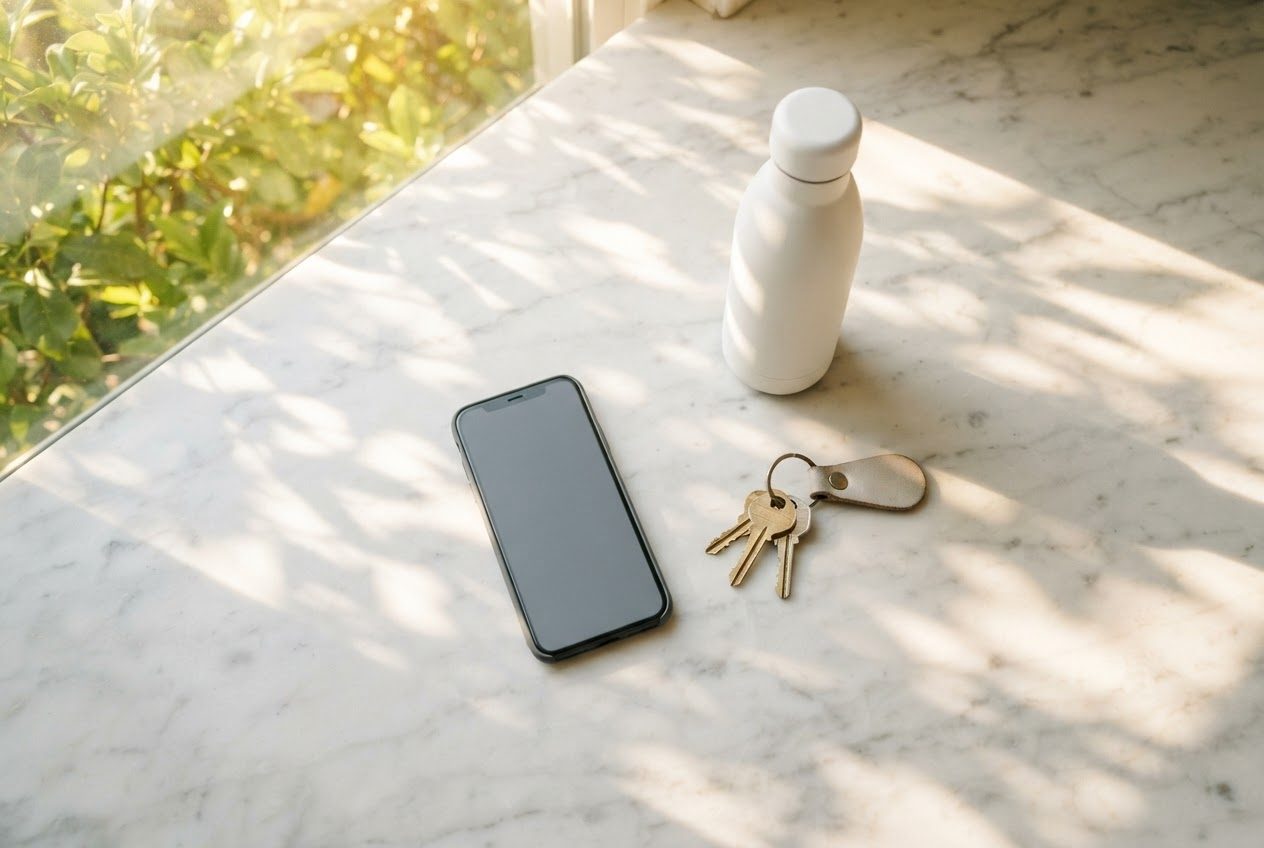 A bright kitchen counter with a phone, keys and a water bottle laid out before a run
